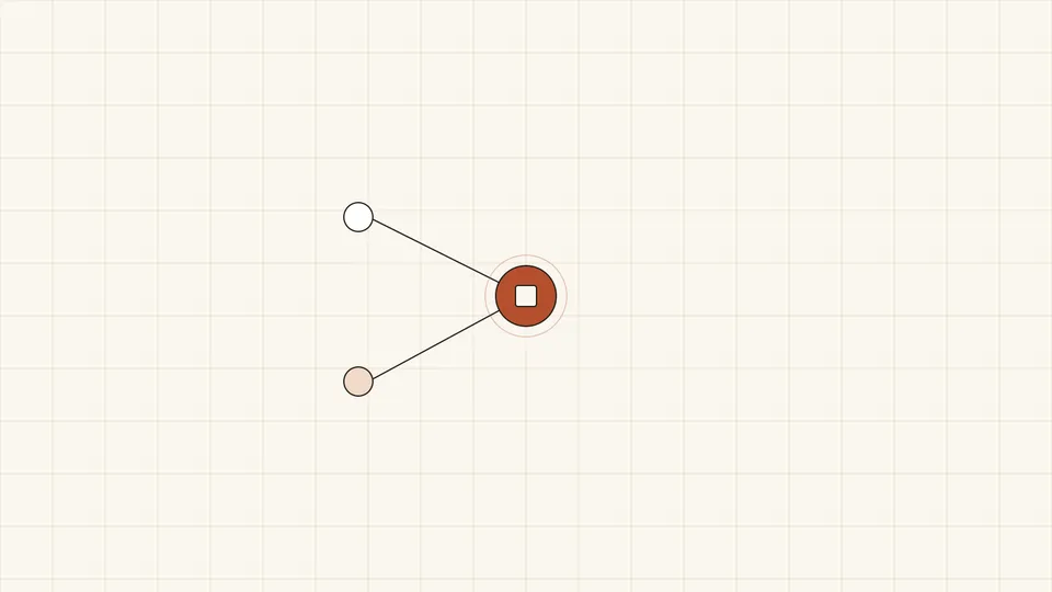 Two thin lines converging from separate points into a single solid terracotta circle with a small square inset, evoking concurrent requests routed to one durable, persistent object.