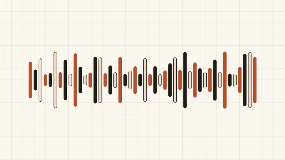An abstract audio waveform made of rounded bars in paper, ink, and terracotta tones.