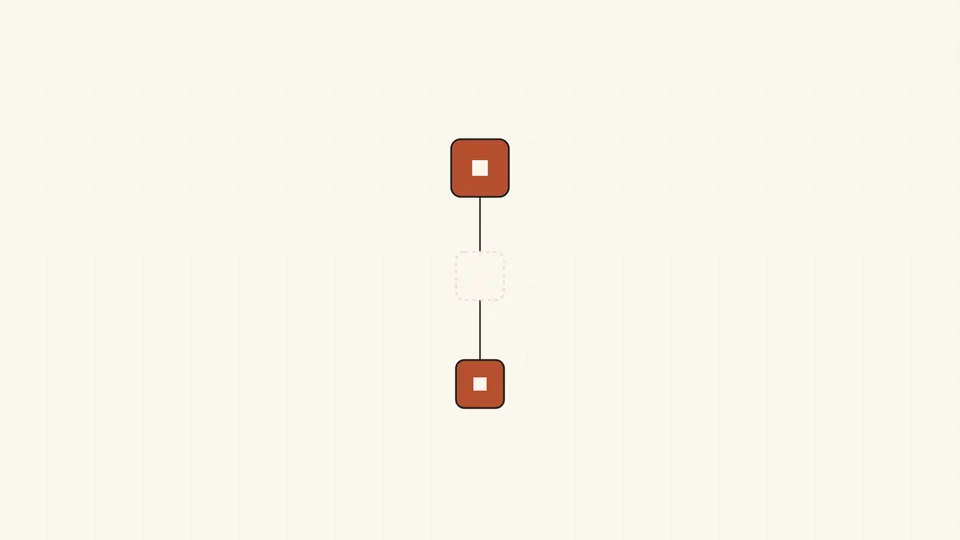 The same terracotta cell with concentric rings from the previous post, now connected by a line downward to two stacked squares — one hollow and rejected, one solid and accepted — evoking a storage backend swapped out before it reached production.